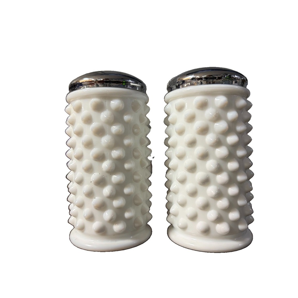 Vintage Fenton White Milk Glass Hobnail Salt Pepper Shakers Foil Label 4"